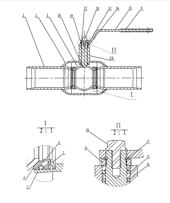 圖1:全焊接球閥結構示意圖 圖1:全焊接球閥結構示意圖